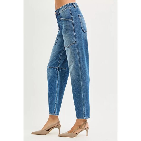 RISEN 4 Way Stretch Mid Rise Barrel Jeans with Patch Pocket Detail - Picture 4 of 6